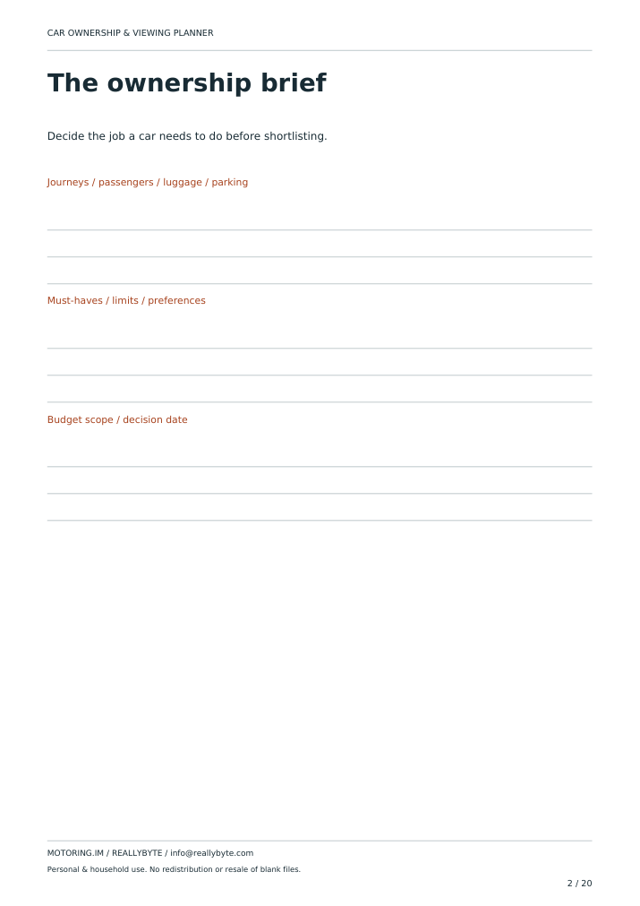 Actual inside worksheet from Car Ownership & Viewing Planner