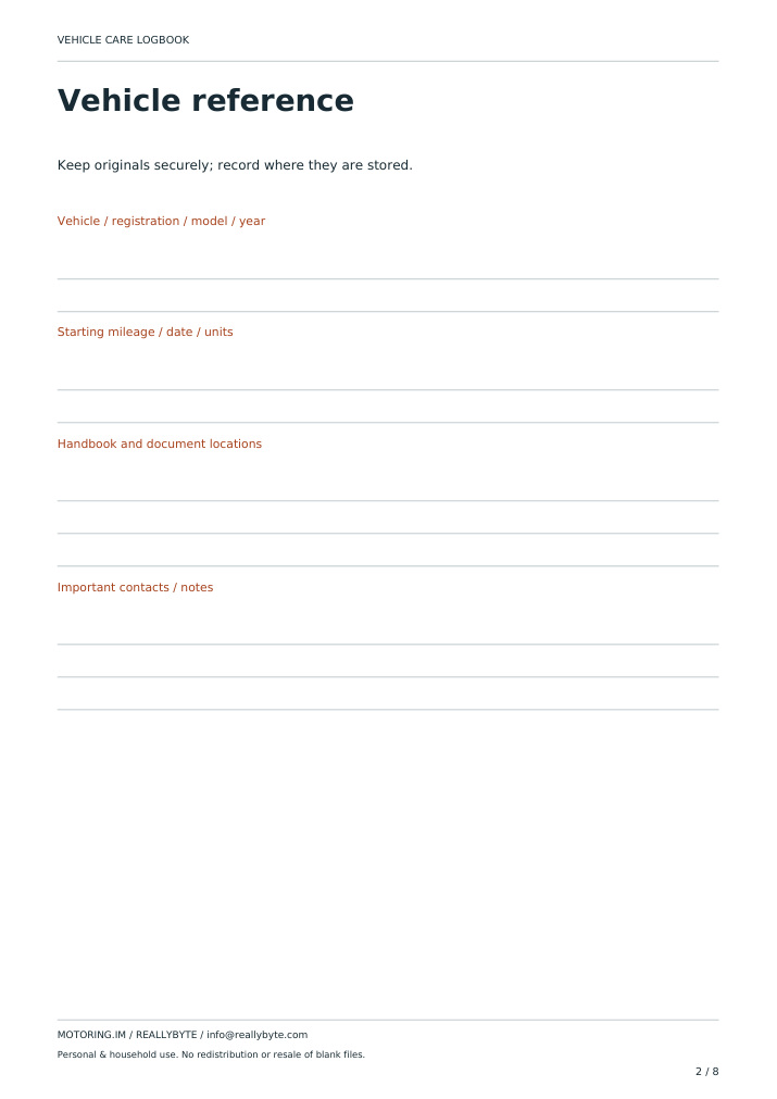 Actual inside worksheet from Vehicle Care Logbook